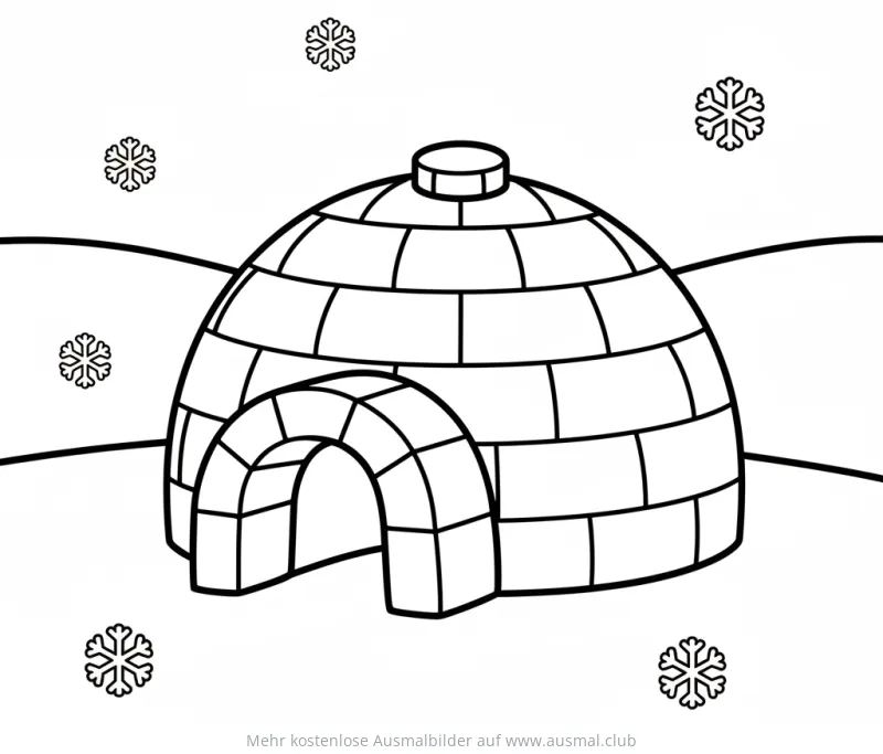 Iglu Ausmalbild mit Schneeflocken
