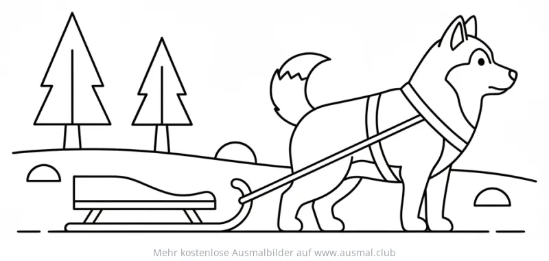 Husky mit Schlitten Ausmalbild in arktischer Landschaft
