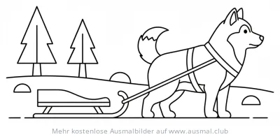 Husky mit Schlitten Ausmalbild in arktischer Landschaft