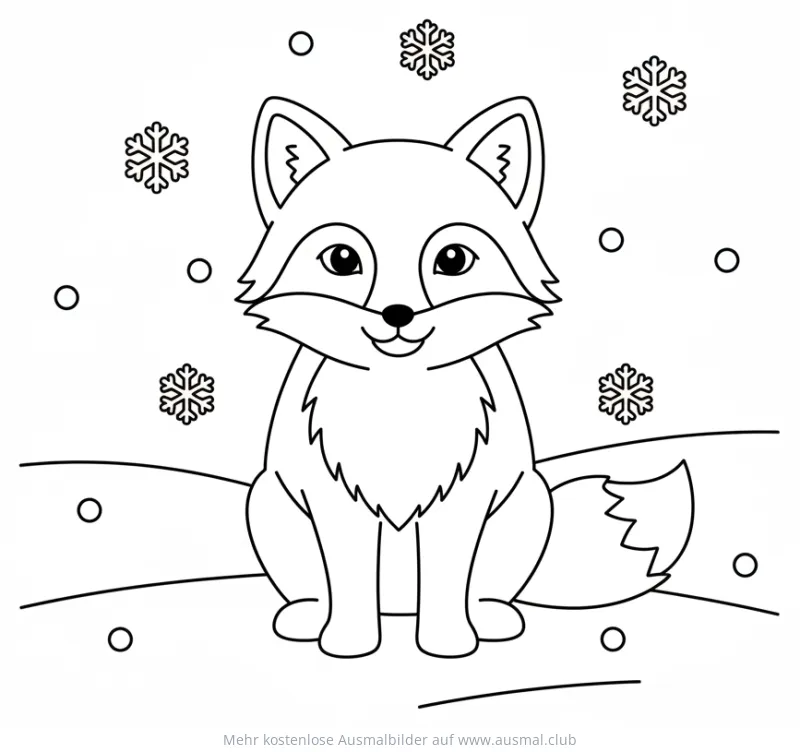 Polarfuchs Ausmalbild mit Schneeflocken