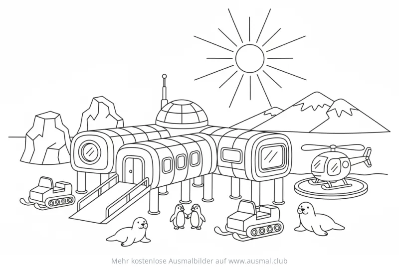 Forschungsstation Ausmalbild mit Pinguinen und Schneemobilen