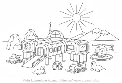 Forschungsstation Ausmalbild mit Pinguinen und Schneemobilen