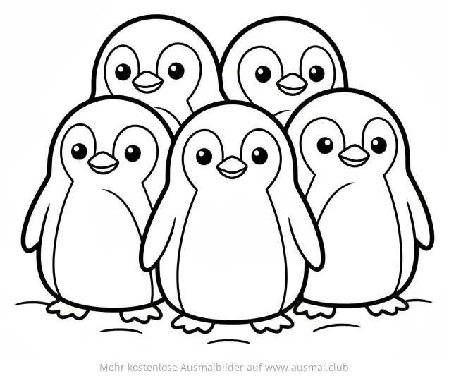 Fünf Pinguine kuscheln Ausmalbild