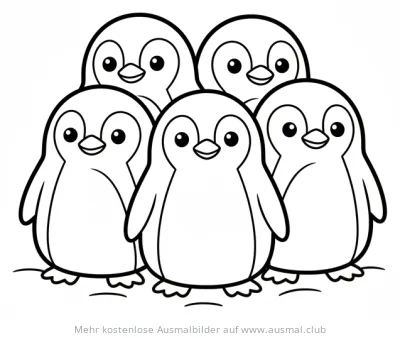 Fünf Pinguine kuscheln Ausmalbild