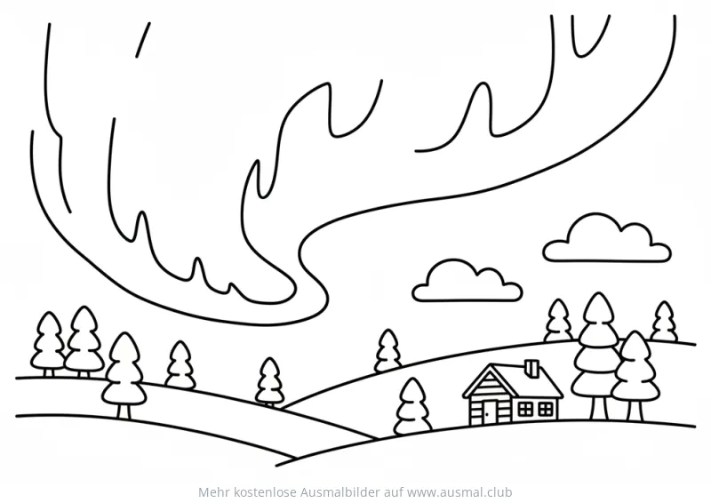 Polarlicht über Winterlandschaft mit Haus Ausmalbild