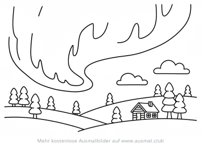 Polarlicht über Winterlandschaft mit Haus Ausmalbild