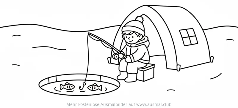 Junge beim Eisfischen vor Zelt Ausmalbild