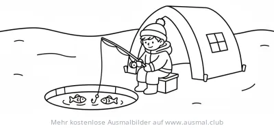 Junge beim Eisfischen vor Zelt Ausmalbild