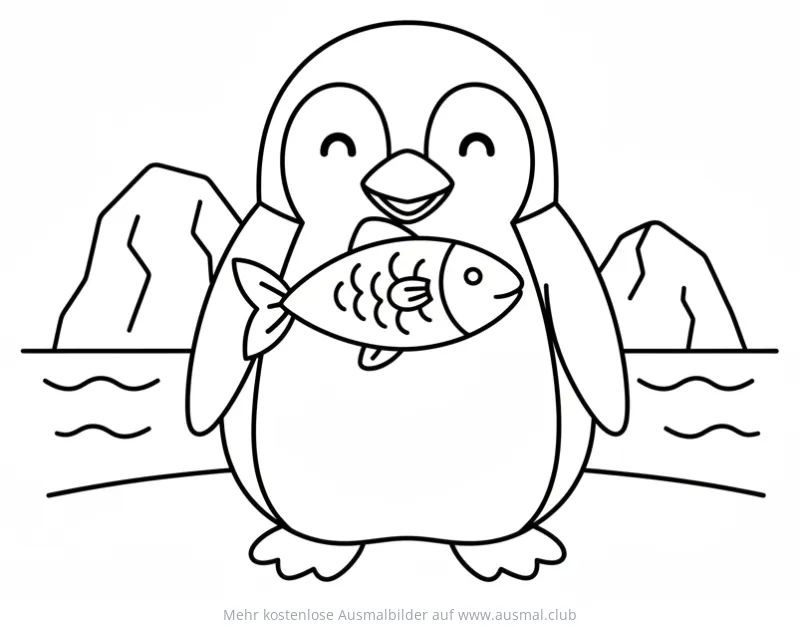 Pinguin mit Fisch Ausmalbild vor Eisbergen
