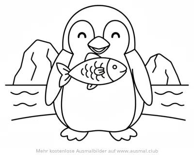 Pinguin mit Fisch Ausmalbild vor Eisbergen