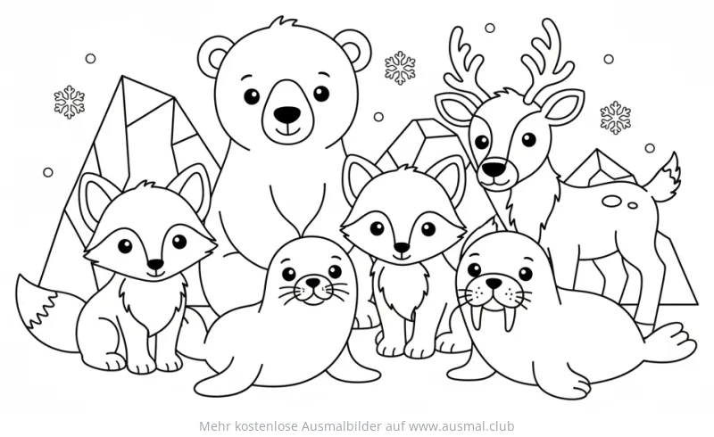Arktis Tiere: Eisbär, Füchse, Rentier, Robbe, Walross Ausmalbild
