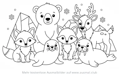 Arktis Tiere: Eisbär, Füchse, Rentier, Robbe, Walross Ausmalbild