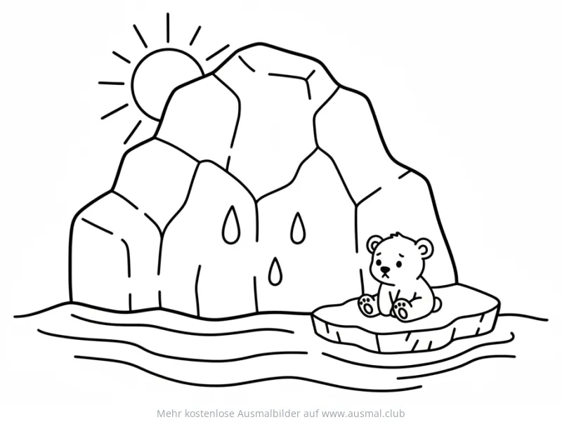 Trauriger Eisbär auf schmelzender Eisscholle vor Gletscher Ausmalbild