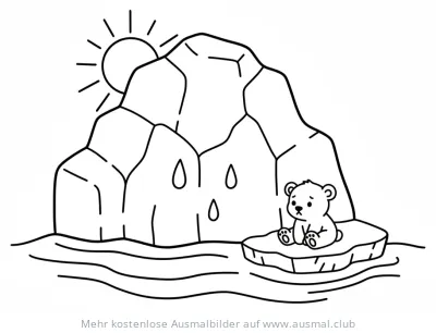 Trauriger Eisbär auf schmelzender Eisscholle vor Gletscher Ausmalbild