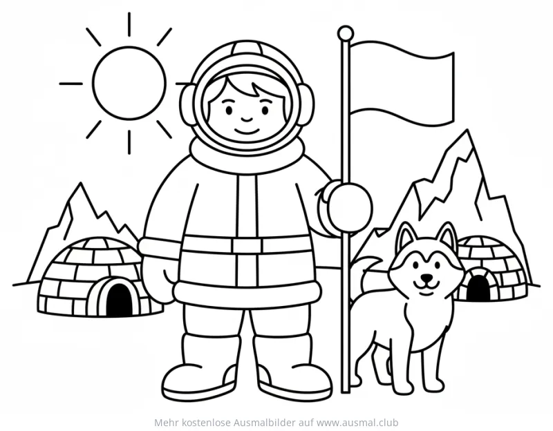 Forscher mit Husky und Iglus Ausmalbild