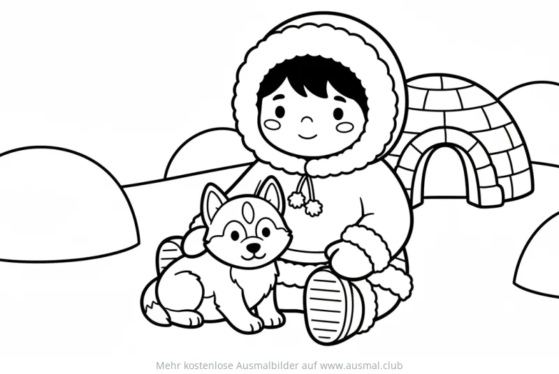Inuit Kind mit Husky und Iglu Ausmalbild