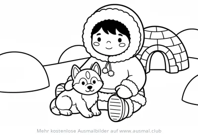 Inuit Kind mit Husky und Iglu Ausmalbild