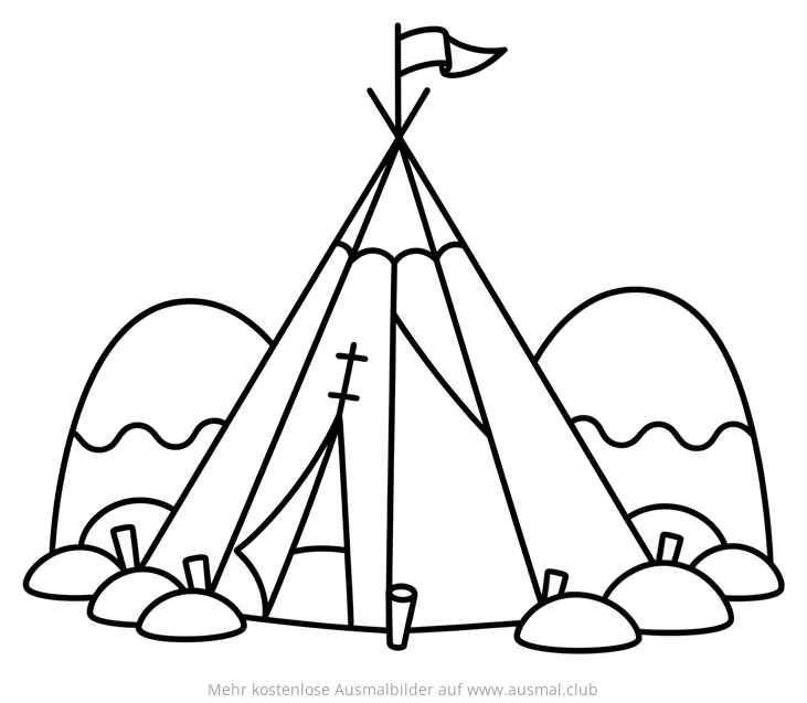 Arktisches Zelt Ausmalbild mit Bergen im Hintergrund