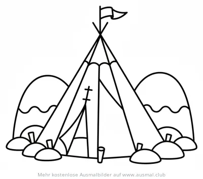 Arktisches Zelt Ausmalbild mit Bergen im Hintergrund