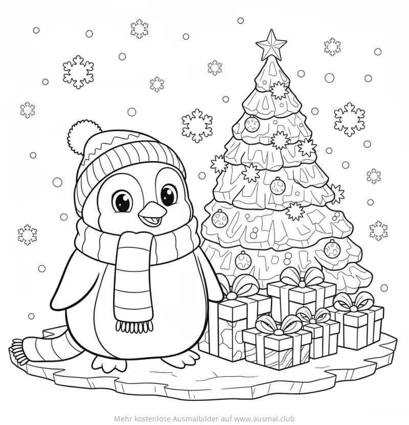 Pinguin mit Mütze und Schal neben Weihnachtsbaum und Geschenken Ausmalbild