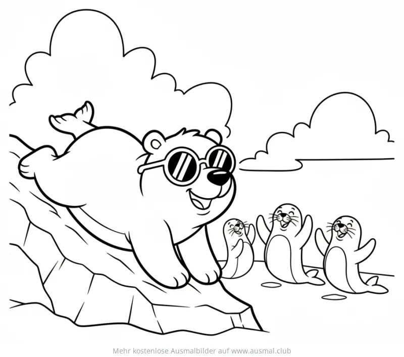 Eisbär mit Sonnenbrille rutscht Eisberg hinunter, Seehunde winken Ausmalbild