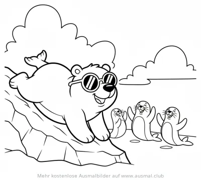 Eisbär mit Sonnenbrille rutscht Eisberg hinunter, Seehunde winken Ausmalbild