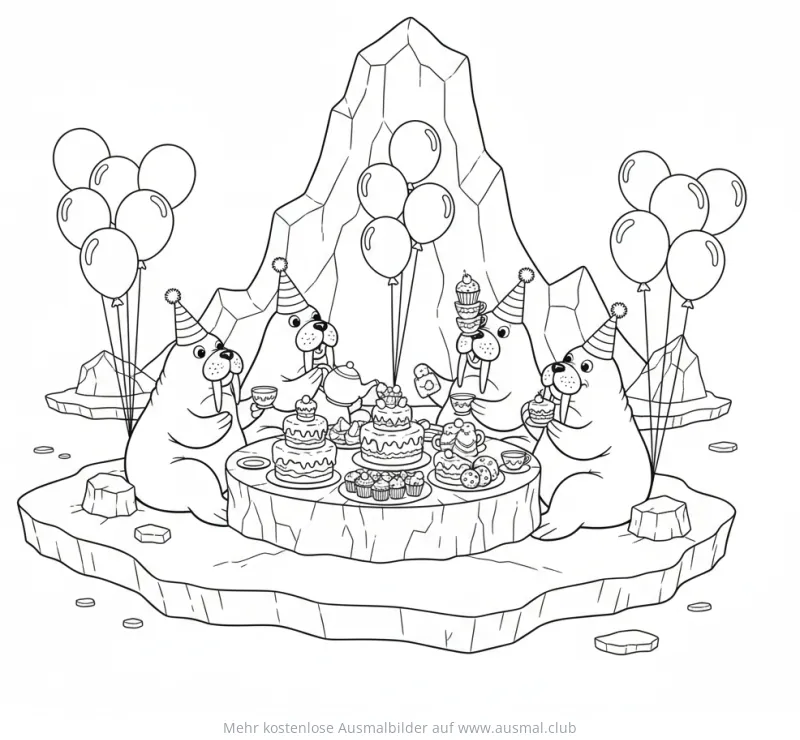 Walrosse Teeparty Ausmalbild auf Eisscholle