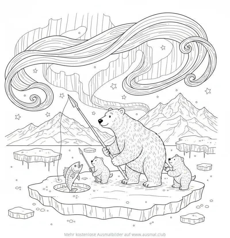 Eisbärfamilie beim Fischen unter dem Polarlicht Ausmalbild