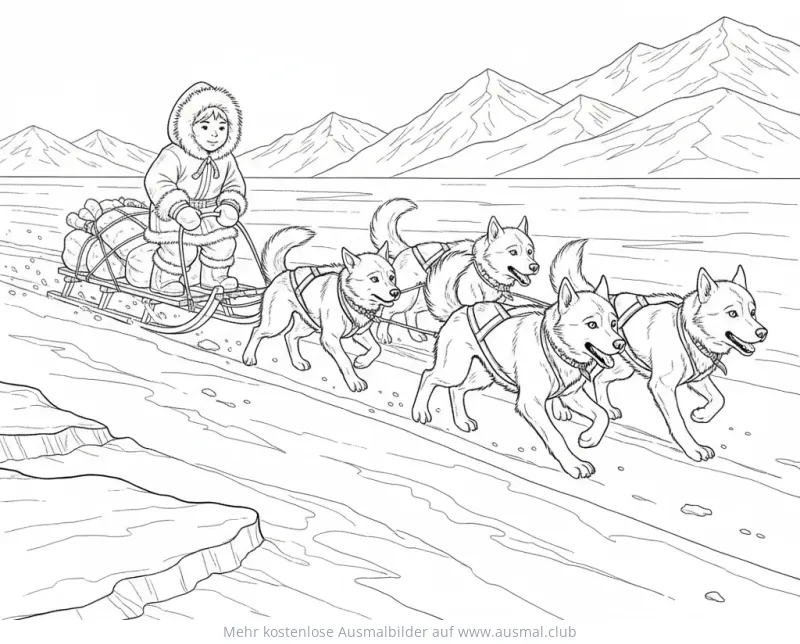 Inuit Kind mit Hundeschlitten Ausmalbild