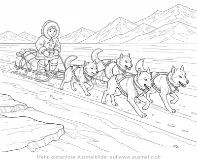 Inuit Kind mit Hundeschlitten Ausmalbild