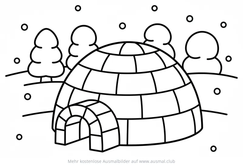 Iglu Ausmalbild mit Schneefall und Bäumen