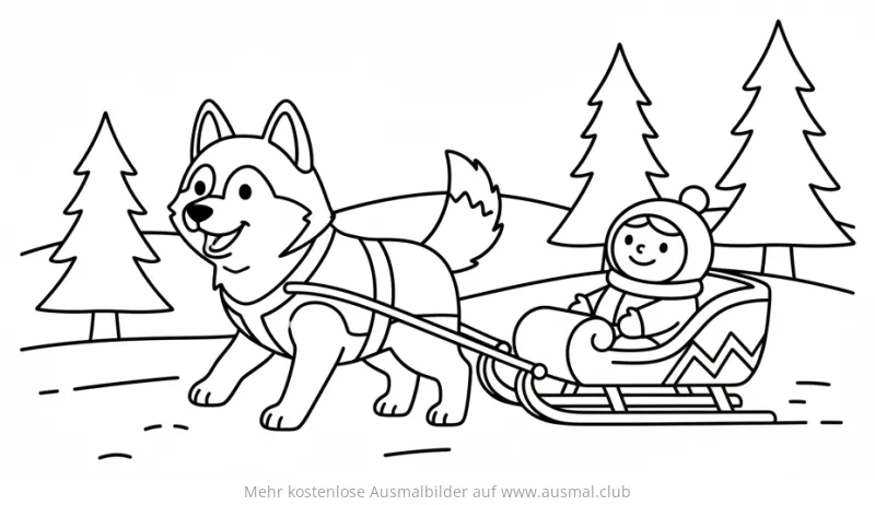 Husky zieht Schlitten mit Kind durch Winterlandschaft Ausmalbild