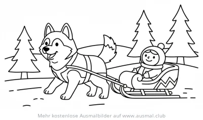 Husky zieht Schlitten mit Kind durch Winterlandschaft Ausmalbild