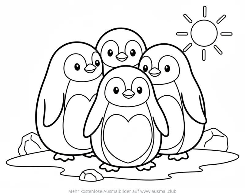 Pinguine Ausmalbild auf Eis mit Sonne