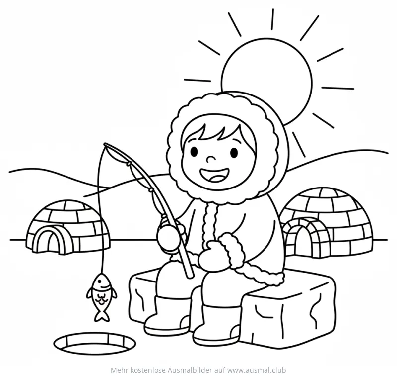 Eskimo beim Angeln Ausmalbild mit Iglus