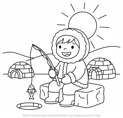 Eskimo beim Angeln Ausmalbild mit Iglus