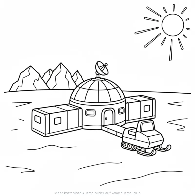 Antarktis Forschungsstation mit Schneemobil Ausmalbild