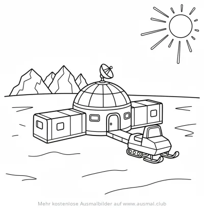 Antarktis Forschungsstation mit Schneemobil Ausmalbild