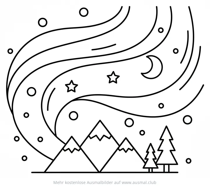 Nordlichter über Bergen und Bäumen Ausmalbild