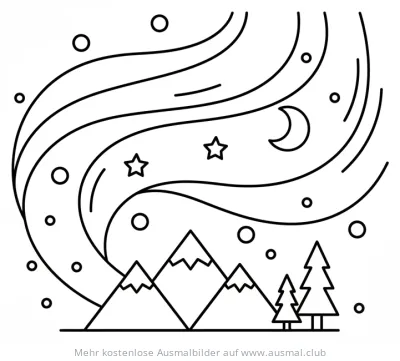 Nordlichter über Bergen und Bäumen Ausmalbild