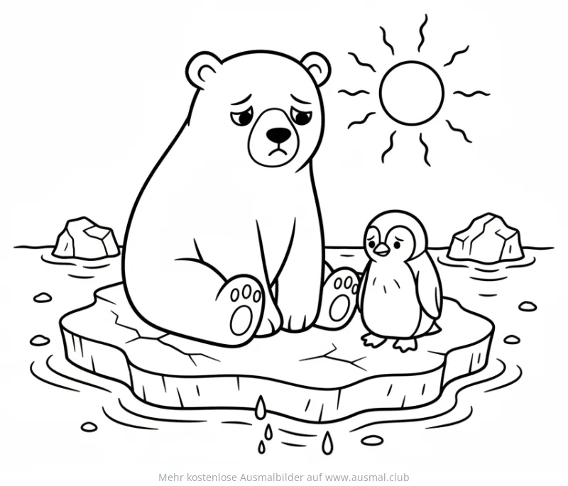 Trauriger Eisbär und Pinguin auf schmelzender Eisscholle Ausmalbild