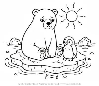 Trauriger Eisbär und Pinguin auf schmelzender Eisscholle Ausmalbild