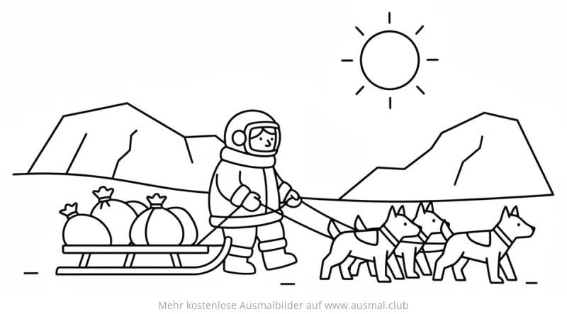 Polarforscher mit Hundeschlitten in der Arktis Ausmalbild