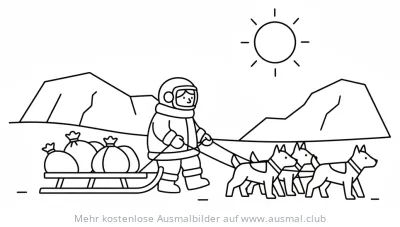 Polarforscher mit Hundeschlitten in der Arktis Ausmalbild