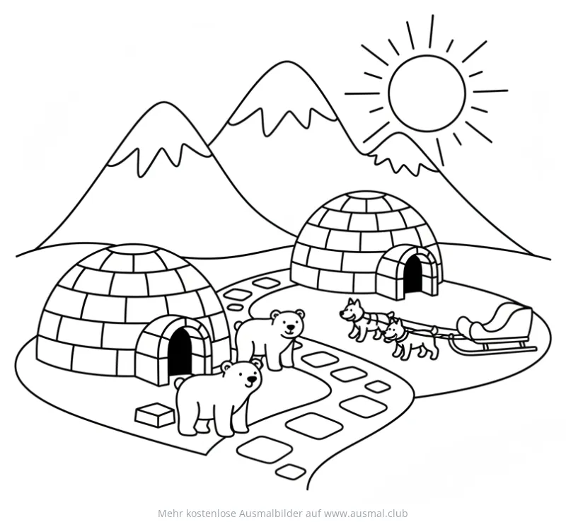 Arktisdorf mit Iglus, Eisbären, Hundeschlitten und Bergen Ausmalbild