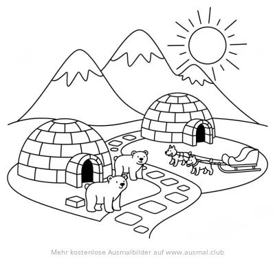Arktisdorf mit Iglus, Eisbären, Hundeschlitten und Bergen Ausmalbild