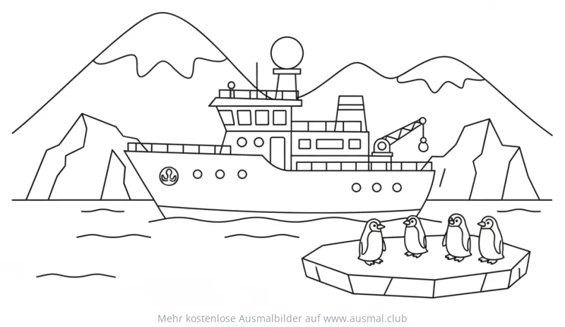 Forschungsschiff vor Eisbergen mit Pinguinen Ausmalbild