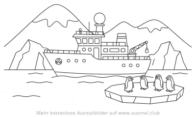 Forschungsschiff vor Eisbergen mit Pinguinen Ausmalbild