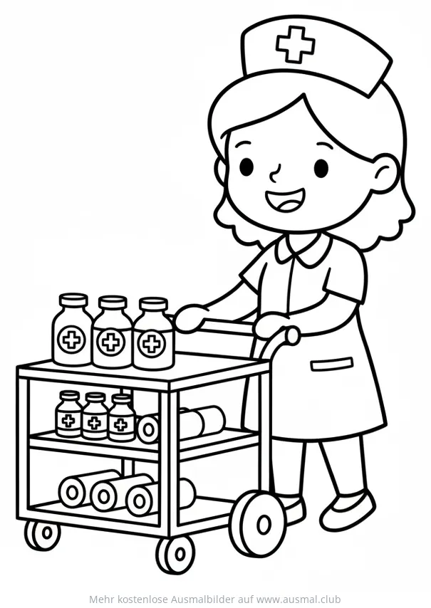 Krankenschwester schiebt Wagen mit Medikamenten Ausmalbild