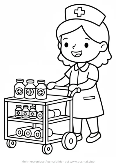 Krankenschwester schiebt Wagen mit Medikamenten Ausmalbild
